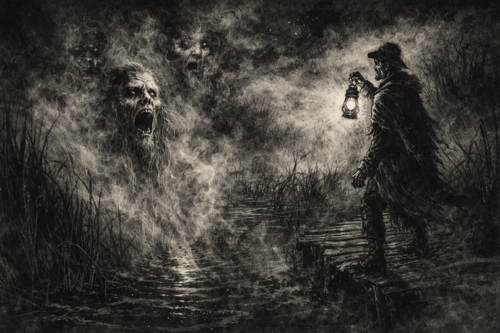 Chateaugay Lake Horror Illustration — Spectral Marsh Shaman Encounter A black-ink and charcoal horror illustration depicting a fog-shrouded marsh at Chateaugay Lake, where a ghostly Algonquin shaman rises from a dark water channel, screaming through swirling mist. A terrified fur trader stands frozen on a rotting plank walkway, clutching a lantern as twisted reeds and haunted fog form screaming faces around him. Expressionist gothic wilderness horror inspired by Adirondack folklore, Shatagee Woods legend, and supernatural wetland mythology.