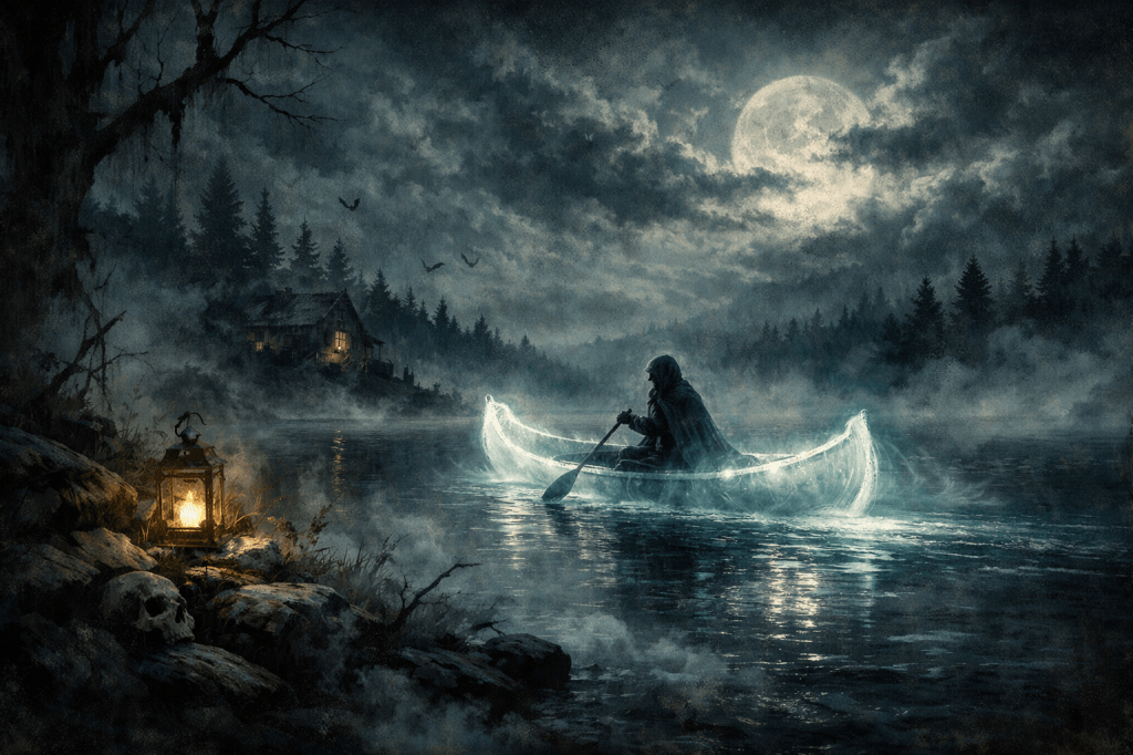 A dark, atmospheric "Adirondack Gothic" digital painting of a spectral hooded figure navigating a glowing, ethereal canoe across the misty waters of Chateaugay Lake under a full moon. The scene captures the "vanishing" lore of the northern Adirondacks, featuring a mysterious traveler—perhaps representing historical figures like Evan Larchmont or Jonathan Reed—paddling past a shoreline illuminated by a solitary lantern. The composition blends topographical realism with the sublime, showcasing a dense, foggy pine forest, a weathered lakeside cabin, and a human skull resting on the rocky foreground, evoking themes of existential inquiry and local "ghost stories". The artwork utilizes a moody palette with "holographic" light effects on the vessel, reflecting the high-fidelity surrealism associated with advanced AI generation tools.

#ChateaugayLakeSpecter #AdirondackGothicLore #SpectralCanoeist #NarrowsTimeRift #EtherealAdirondacks #Phoenix10Surrealism #LarchmontVanishing

The mists of Chateaugay Lake stir, thick as funeral gravy, under the gaze of a spectral moon. Whispers of L. Evan Larchmont's vanishing linger, carried on the very "Winds of W Mountain." Here, where time went soft, a lone, ethereal canoe glides through the Narrows—a silent navigator on waters that hold ancestral dread and truths best left to the deep. Is it a lost soul, or merely an echo of small, wet hands tapping from beneath the rowboat? Only the moon, and the ancient pines, truly know the secrets that lie within the "Time Rift."