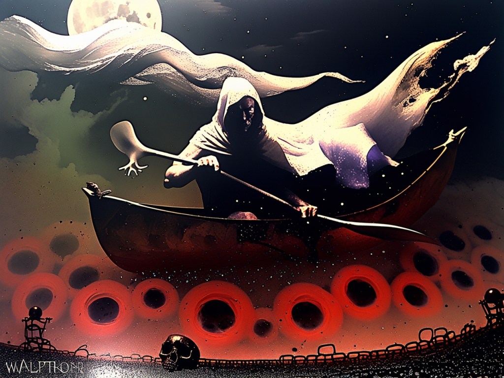 A dark, surrealist digital painting titled "Chateaugay Lake Canoe," created using the Phoenix-1.0 AI model. A mysterious hooded figure, reminiscent of the "spectral navigators" from Adirondack folklore like Jonathan Reed or Evan Larchmont, sits in a dark canoe, wielding a white oar. The figure is set against a moody, atmospheric night sky featuring a large, glowing moon and a white, ethereal bird of prey—representing the local bald eagles—soaring through wispy, cloud-like trails. The water below is a dark void filled with glowing, saturation-encoded red circles that resemble both ripples and "ghost lights." In the foreground, a single human skull sits on a dark, textured shore near a stylized fence, evoking the "Adirondack Gothic" aesthetic and the region's history of mysterious vanishings.