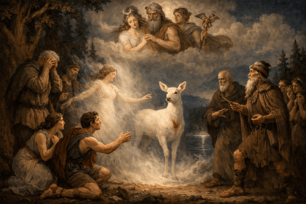 Greek-inspired illustration of a white doe at the Narrows of Chateaugay Lake in the Adirondacks, symbolizing transformation, balance, and regional folklore.