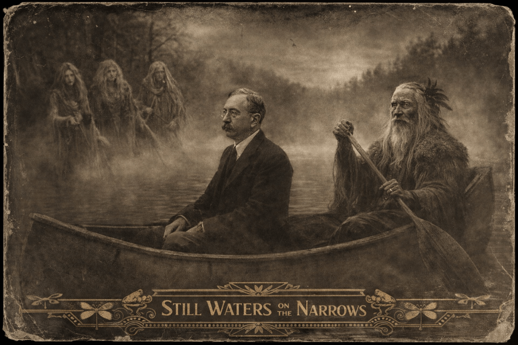 AI-generated allegorical image showing Franklin Haven Sargent being paddled across misty lake waters by a mythic guardian as three ghostly figures watch from shore.