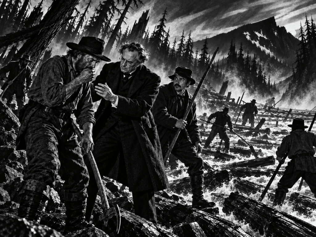 A dramatic black-and-white scene depicting a group of workers, including a man in a hat advising another, amidst a river with loggers handling timber in a rugged landscape.