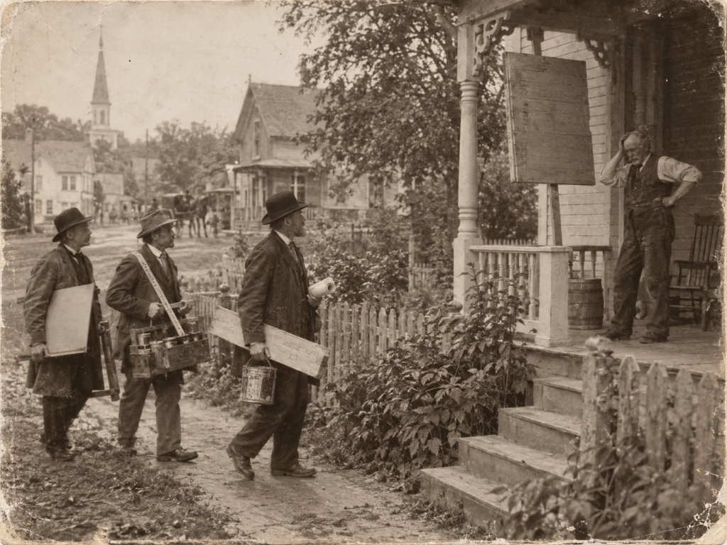 Three men carrying tools walk towards a house while a fourth man stands on the porch, looking contemplative.