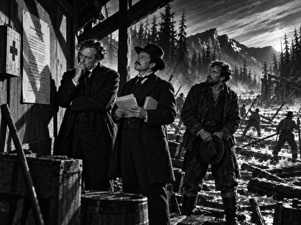 A black and white scene depicting three men in 19th-century clothing, standing in front of a wooden structure with a medical sign. They appear to be discussing something seriously, while a rugged man stands behind them, with a forested mountain landscape in the background.