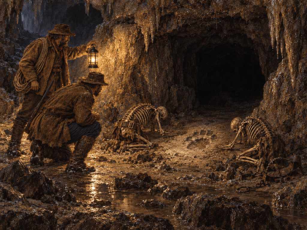 Two miners with lanterns explore a dark cave, discovering skeletal remains on the ground, one partially shackled, under stalactites.