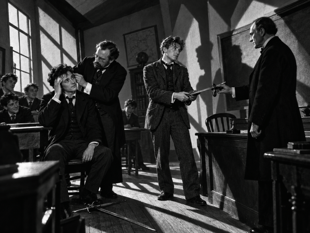 A black and white scene set in a classroom, featuring a young man sitting with disheveled hair as another man examines his head. A third individual stands nearby, handing over a sword, while other students observe in the background.