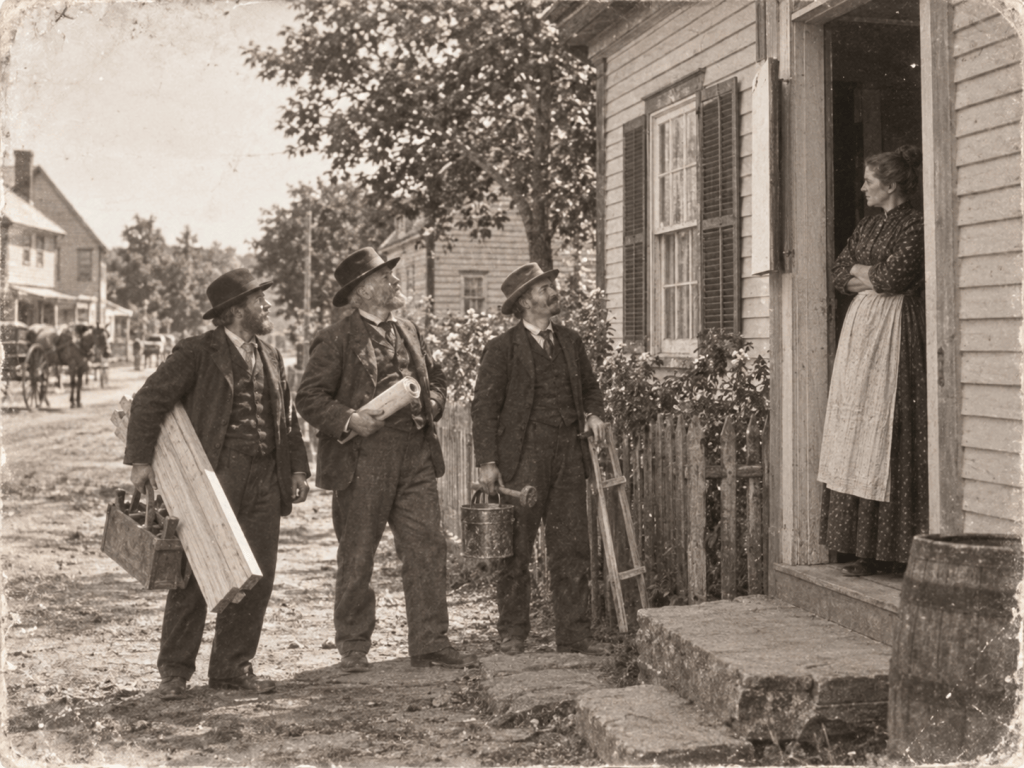 Three men in vintage attire stand outside a house, engaged in conversation with a woman at the door. They hold various tools and materials, suggesting they are tradesmen or craftsmen. The scene is set in a rural town, with horses and buildings visible in the background.