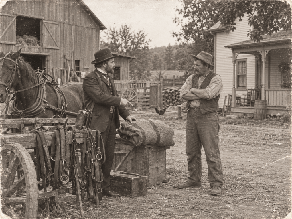 Two men engaged in conversation next to a horse-drawn cart in a rural setting, with a barn and house in the background.
