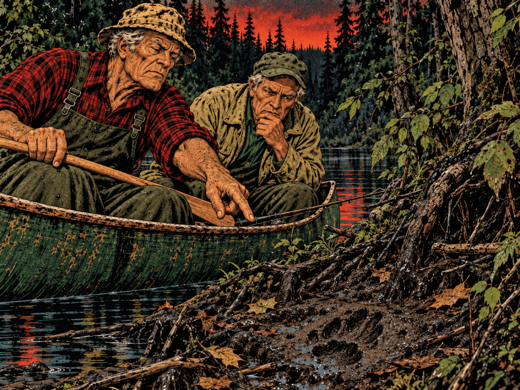 Two elderly men in a canoe, one pointing at animal tracks on the muddy shore, surrounded by a forest at sunset.