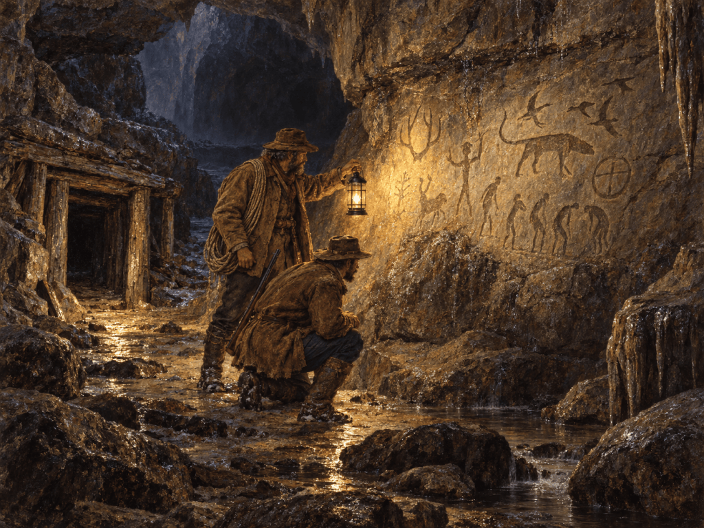 Two explorers in rugged attire observe ancient cave paintings while one holds a lantern, set in a dimly lit cavern with water and rocks.