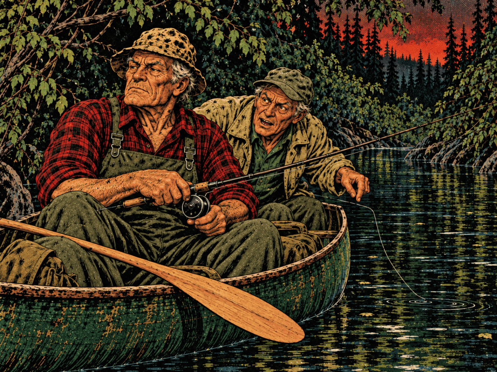 Two older men fishing from a small boat in a serene lake surrounded by trees, with one man looking intently ahead while the other points towards something in the water.