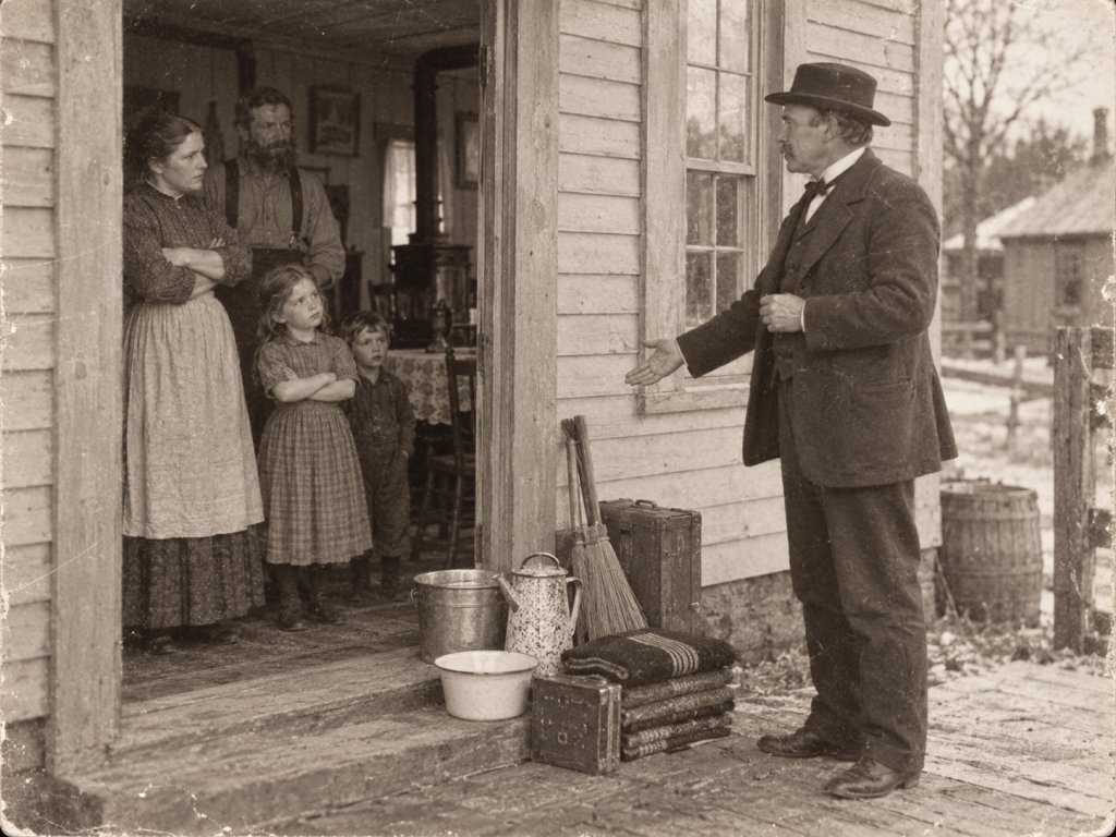 A historical black and white photograph depicting a group of four individuals standing at the entrance of a rustic farmhouse. A man in a suit and hat gestures while speaking to a family consisting of a woman with crossed arms, a man with a beard, and two children. The setting includes a wooden porch with various objects like a kettle, broom, and blankets.