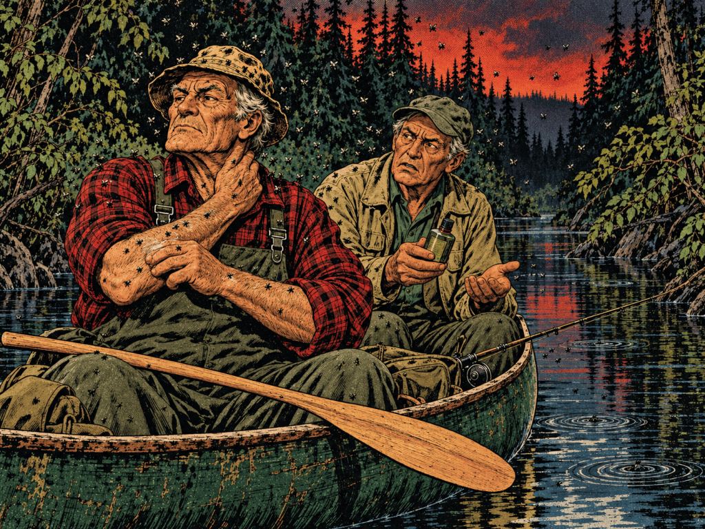 Two elderly men in a canoe on a river, surrounded by trees, one looking contemplative while the other holds a bottle, both covered in small insects, at sunset.