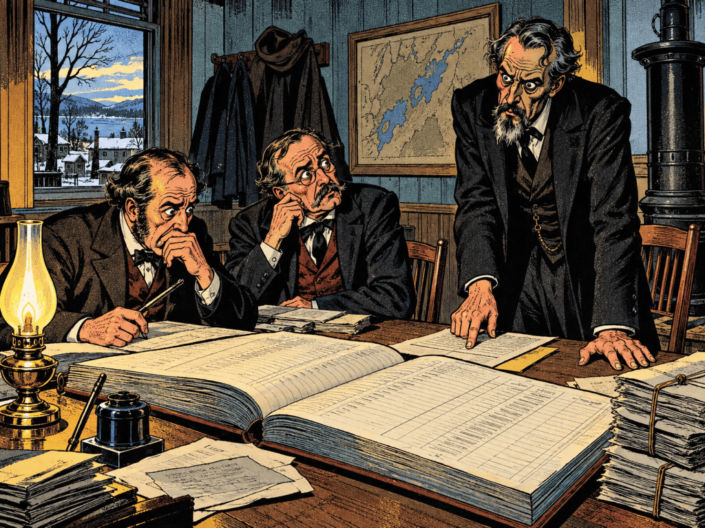 A dramatic scene depicting three men in formal attire engaged in a serious discussion around a large ledger on a table, with one man emphatically pointing at the papers while the others look on thoughtfully. The setting includes an oil lamp, stacks of documents, and a window showing a winter landscape outside.