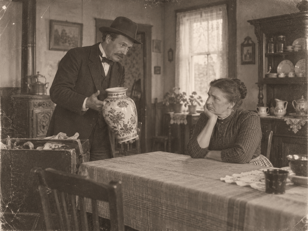 A man in a suit and bow tie holding a decorative vase, talking to a woman sitting at a table, who appears contemplative and is resting her chin on her hand. The interior of a rustic home is visible in the background.