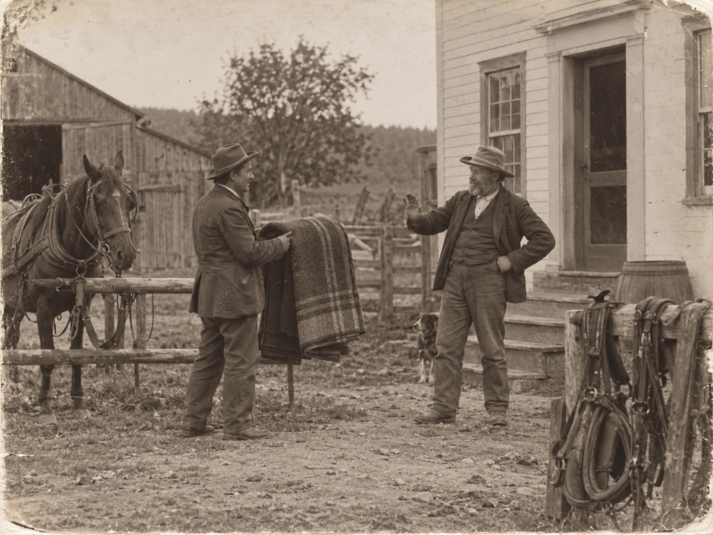 Two men in historical attire engaging in conversation outdoors, with a horse tied nearby and an old wooden building in the background.