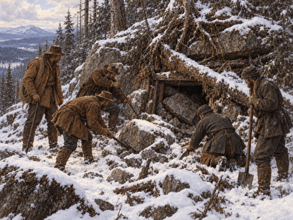 Historical scene of five miners excavating in a snowy mountainous landscape, with trees and a rocky outcrop.