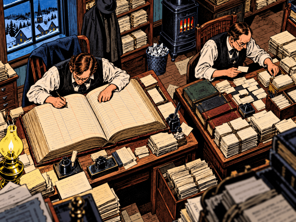 Two men working diligently in a vintage office setting, one writing in a large ledger while the other organizes index cards, with a cozy atmosphere featuring a desk lamp and a stove.