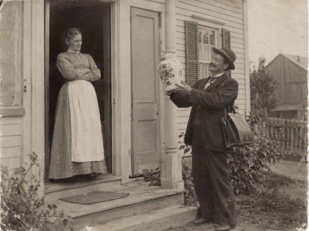 A man in a suit and hat is holding a decorative vase while smiling at a woman standing in the doorway, who appears displeased and is crossing her arms. The setting features a house with wooden siding and a visible garden.