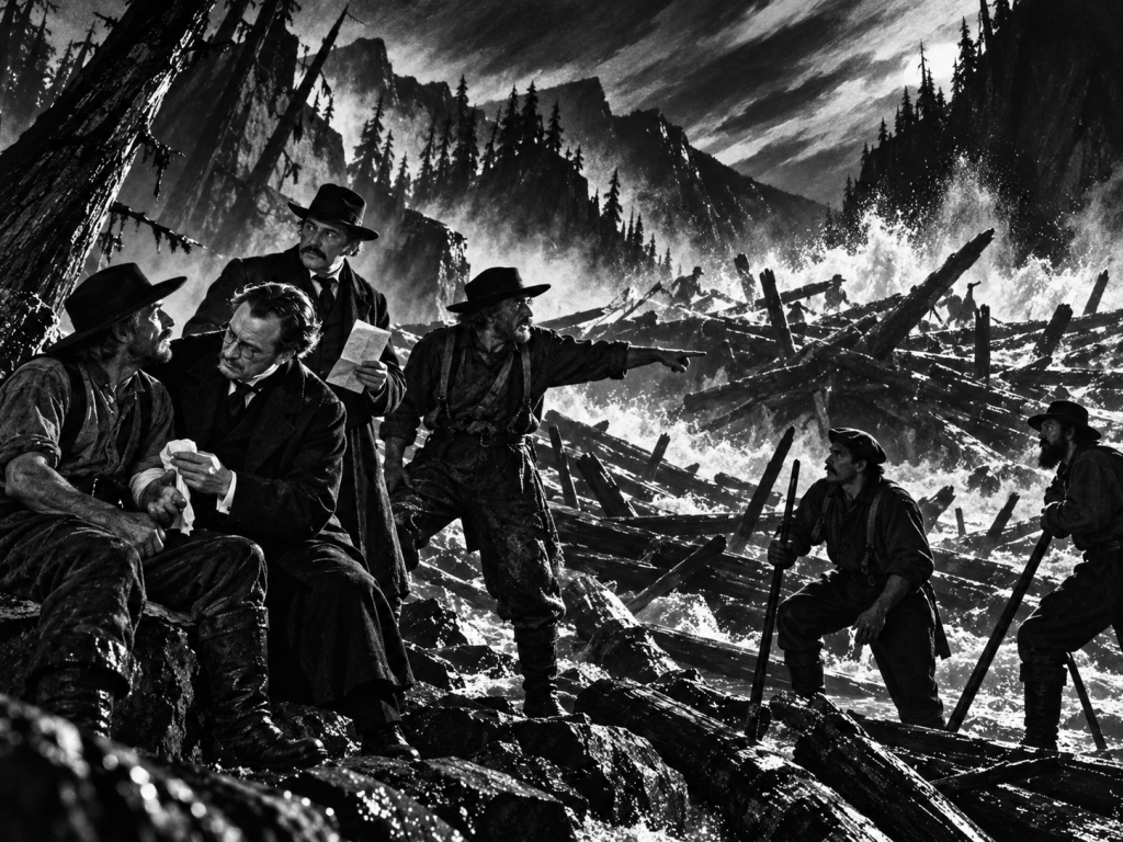 A dramatic black and white scene depicting a group of men in rugged clothing near a turbulent river, with logs scattered around. One man is tending to another's injured arm while others appear to be engaged in a discussion, pointing and holding tools amidst the wild natural backdrop.