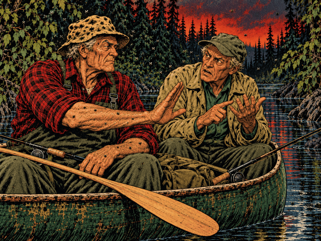 Two elderly men in a canoe on a lake, engaged in an animated discussion, surrounded by trees and a vibrant sunset.