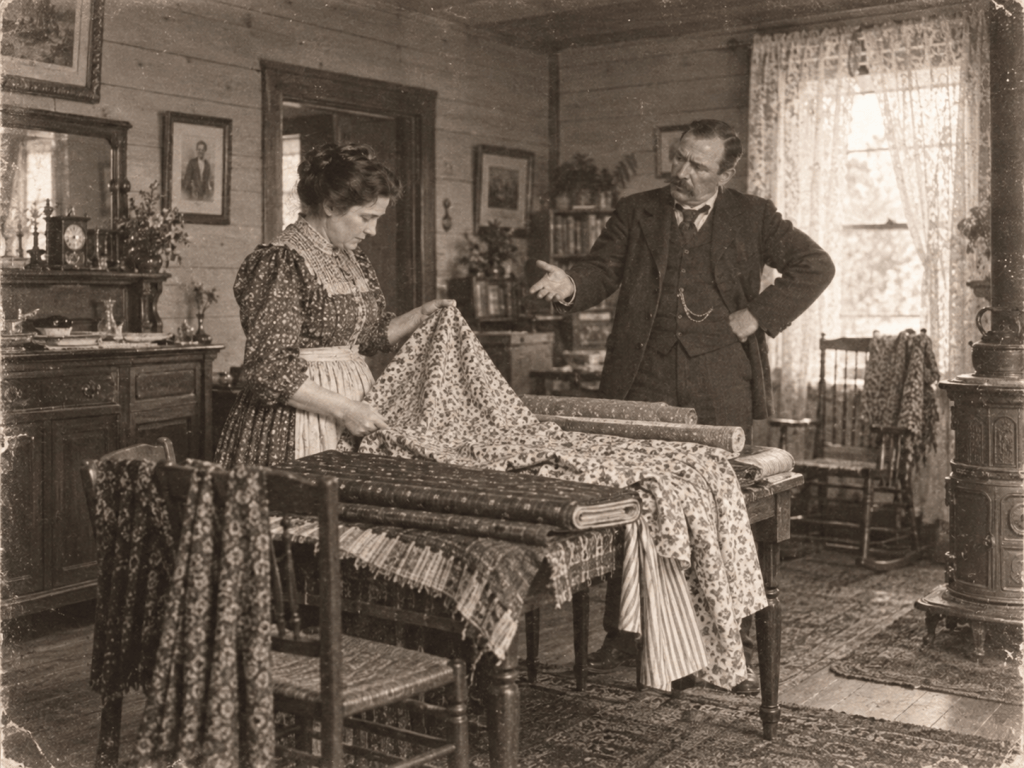 A woman in a patterned dress examines fabric rolls on a table while a man in a suit gestures, both engaged in a conversation in a vintage interior setting.