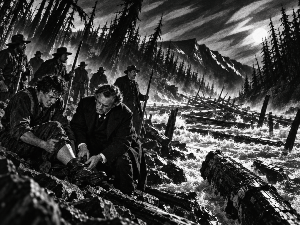 A black and white scene depicting a rugged landscape with a rushing river, where a man kneels in pain while another man examines his injured leg, surrounded by other men in hats and a dramatic mountainous background.