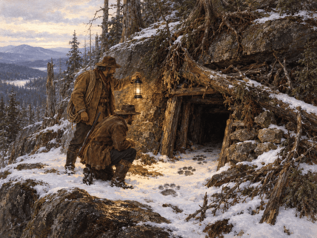 Two men in winter attire exploring a cave entrance in a snowy landscape, one holding a lantern and the other kneeling to examine paw prints in the snow.