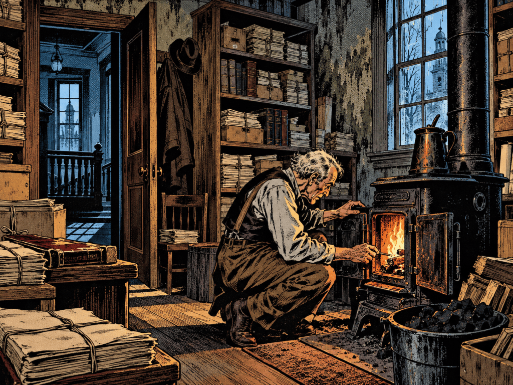An elderly man crouches in a cozy, cluttered room, tending to a wood-burning stove. Books and papers are stacked throughout the room, and a window shows a view of a tower outside.