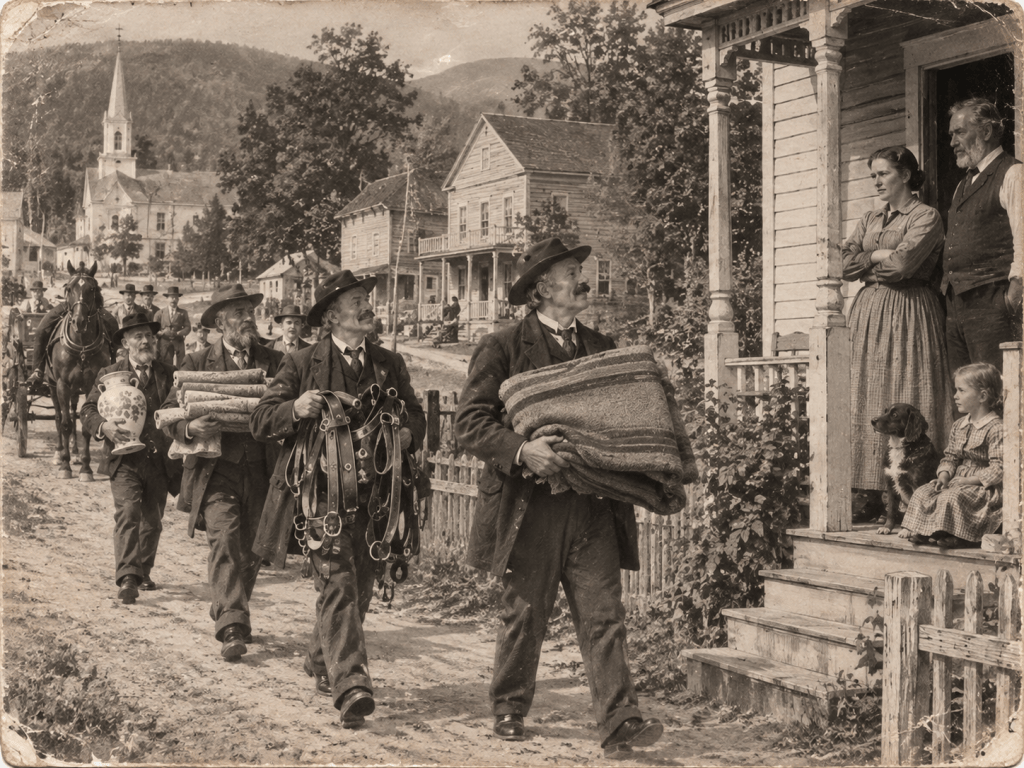 A historical black and white image depicting a procession of men carrying various items, including blankets and pottery, walking along a dirt road. In the background, a horse-drawn wagon and a church steeple are visible. A group of people, including a woman and a child with a dog, watch from a porch of a wooden house.
