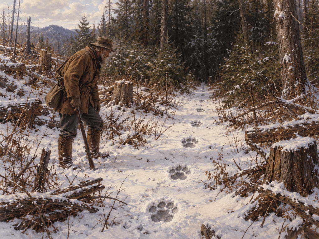 A man in winter clothing examining large animal tracks in the snow on a forest trail, surrounded by trees and logs.