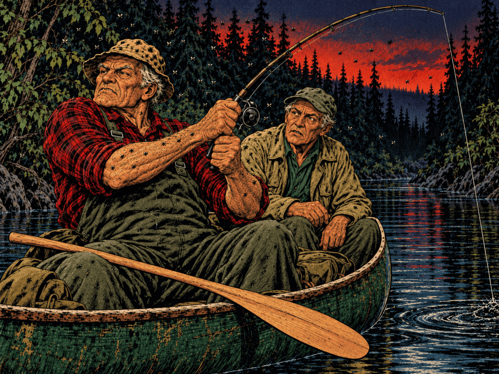 Two elderly men fishing in a canoe on a lake at sunset, surrounded by trees and a peaceful natural setting.
