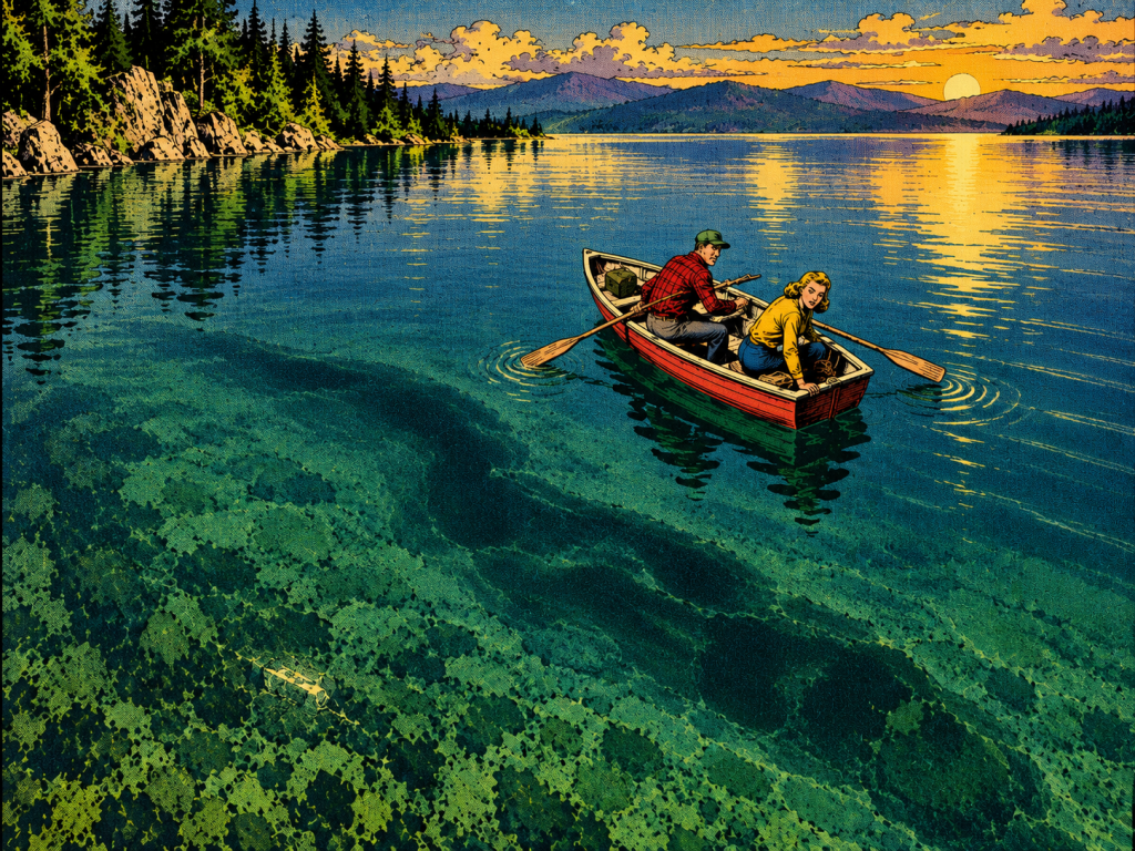 A vintage illustration depicting a man and a woman rowing in a small boat on a calm lake during sunset, surrounded by trees and mountains.