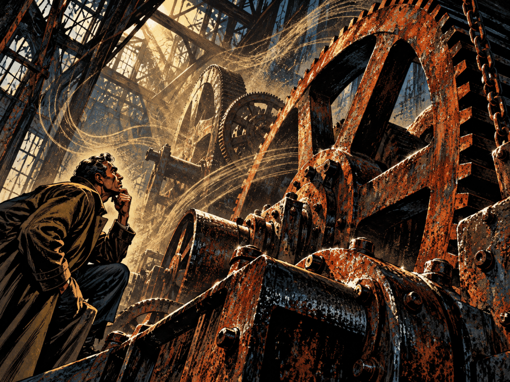 A man in a long coat stands thoughtfully in an industrial setting, surrounded by large, rusty gears and machinery, with sunlight filtering through the structure.