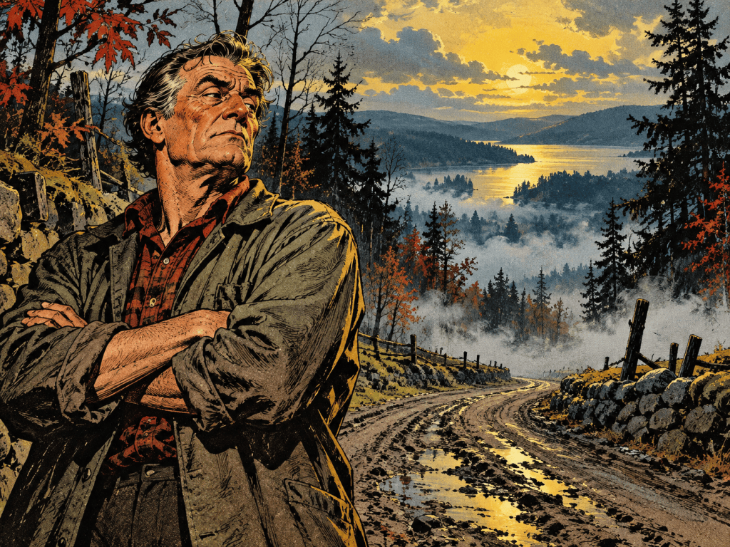 A rugged man stands with arms crossed, gazing thoughtfully into the distance. The background features a scenic landscape with a winding dirt road leading towards a lake at sunset, surrounded by tall trees and mist.