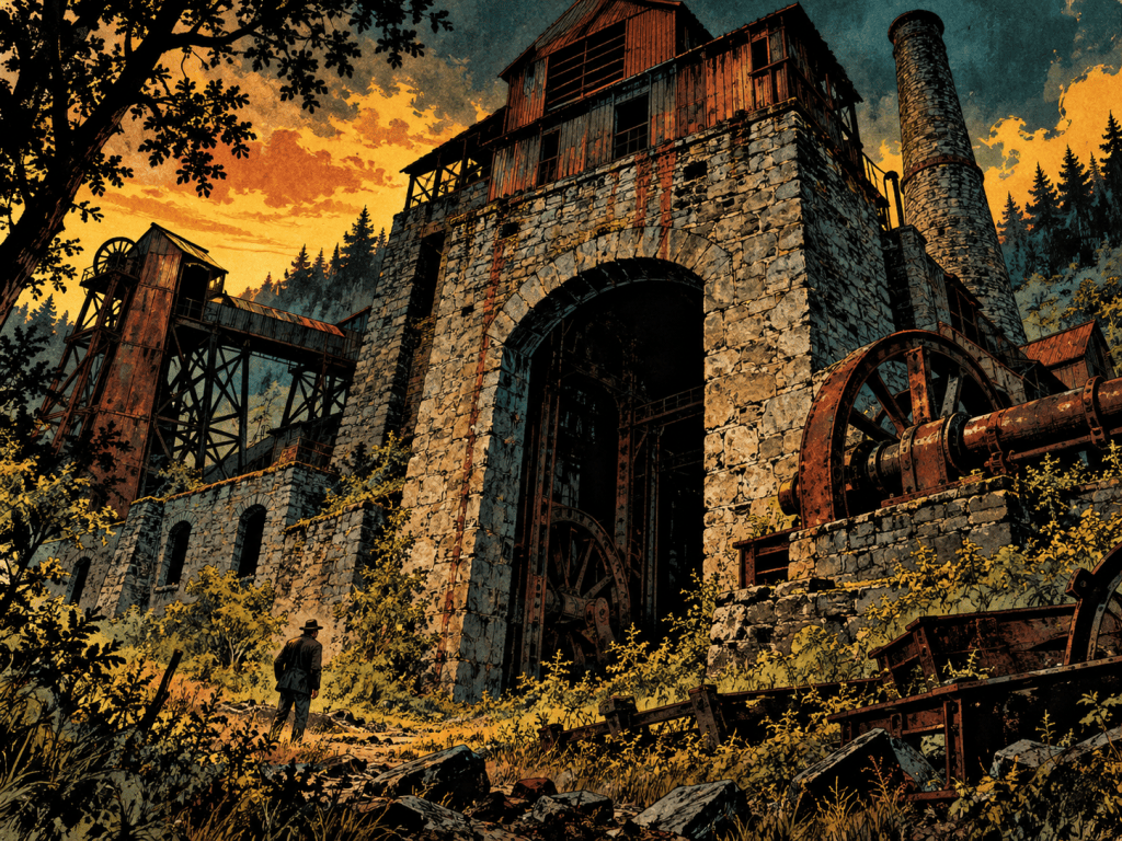 A lone figure walks towards an old stone industrial building with large wheels and a chimney, surrounded by overgrown vegetation and trees under a sunset sky.