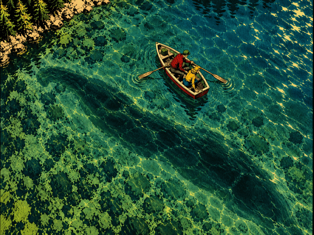 Two people in a canoe rowing on a clear blue lake, surrounded by trees, with sunlight reflecting on the water surface.