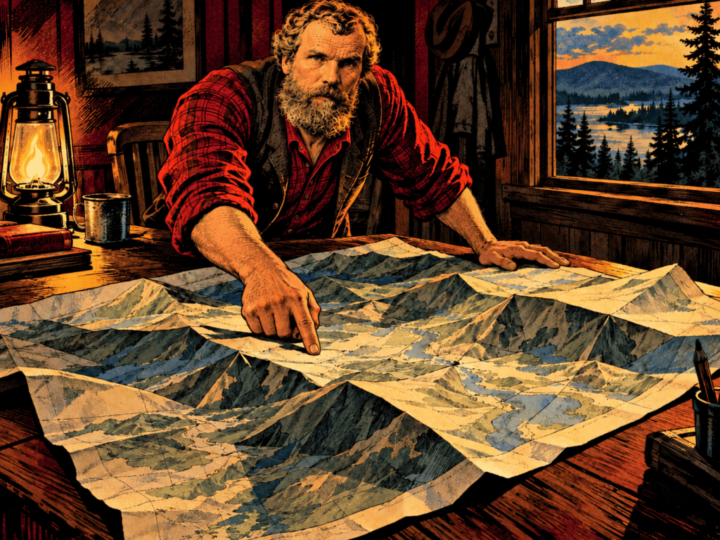 A rugged man in a red flannel shirt is studying a detailed map on a wooden table, pointing to a location. The background features a lantern, a coffee mug, and a picturesque view of mountains and trees through the window.