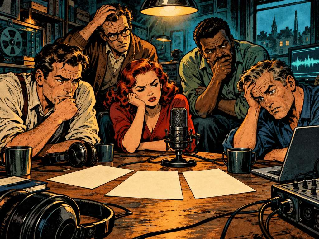A group of five people, deep in thought, gathered around a table with a microphone, papers, coffee mugs, and headphones, engaged in a serious discussion in a vintage-styled room.