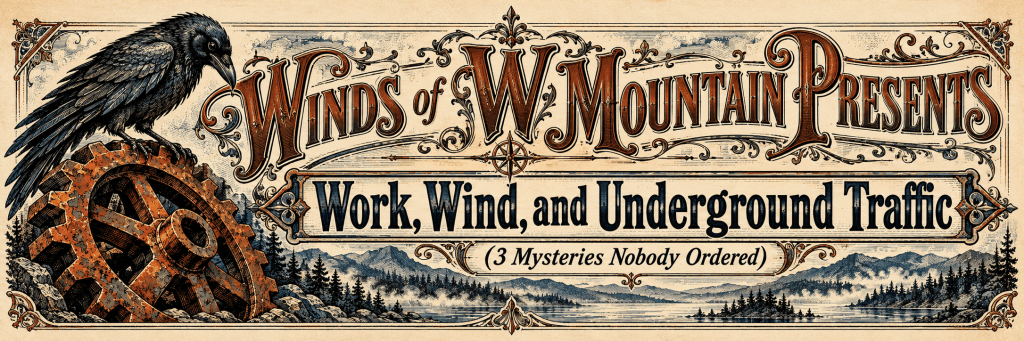 Illustration featuring a crow perched on a large gear, with the decorative text 'Winds of W Mountain Presents Work, Wind, and Underground Traffic (3 Mysteries Nobody Ordered)' against a scenic backdrop of mountains and trees.