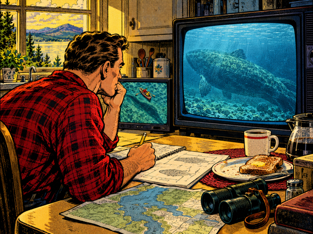 A man in a red plaid shirt sits at a table, sketching while looking at two screens; one shows a boat on water and the other displays a large underwater fish. The scene includes a map, binoculars, a cup of coffee, and a plate of toast.