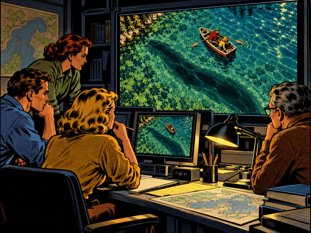A group of four people intently watching a computer screen showing a boat on a clear blue lake. They are gathered around a desk with maps and stationery in a dimly lit room.