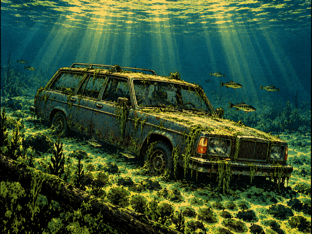 A submerged car covered in algae and surrounded by fish, with sunlight filtering through the water above.